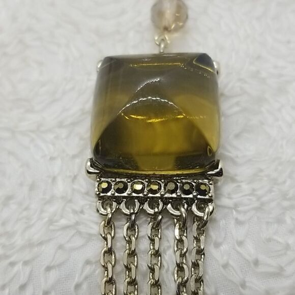 Ann Taylor Necklace Square Lucite Crystal Green Five Multiple Chains Gold - Picture 9 of 10